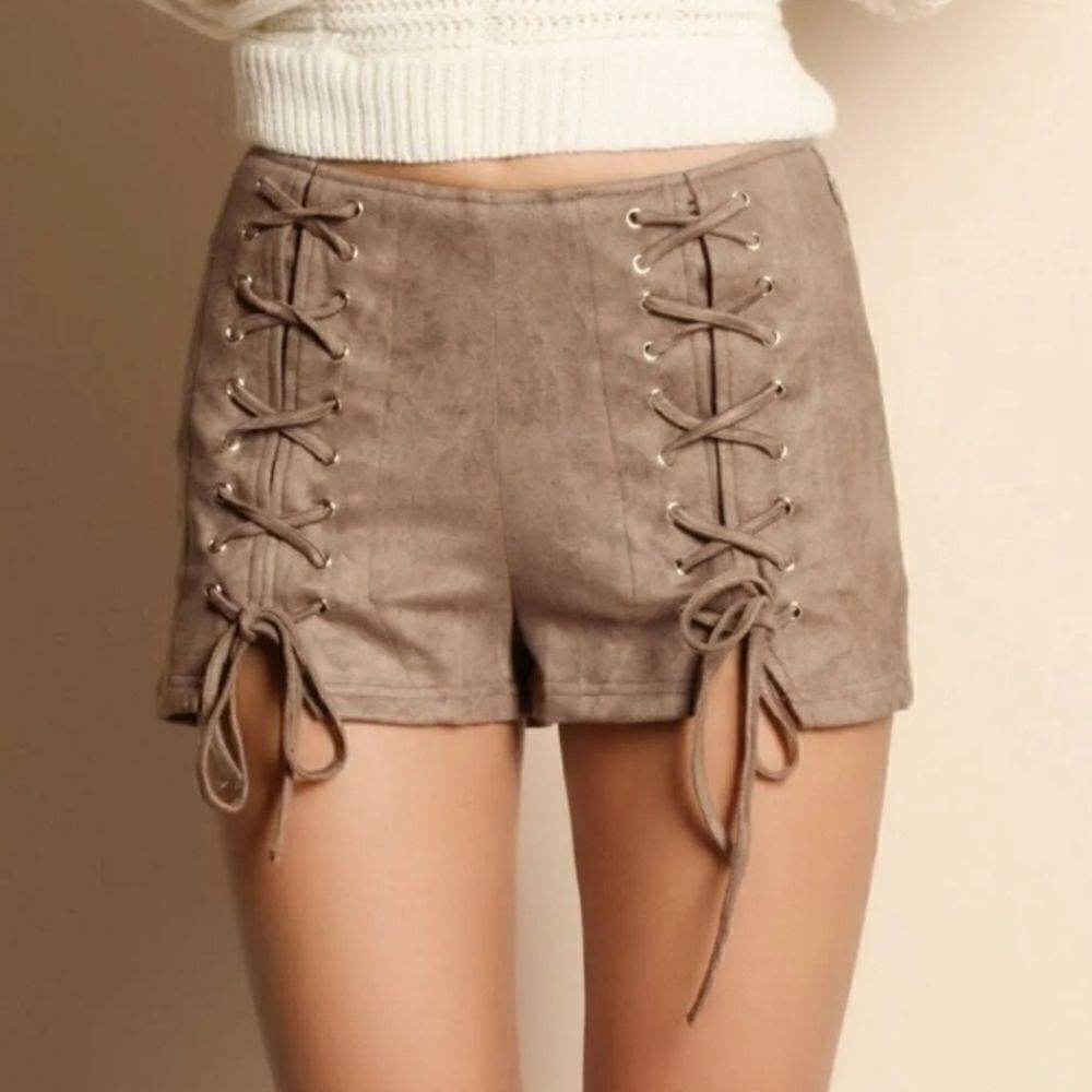 Luxxel Mocha Suede Lace-up Shorts - Picture 2 of 16